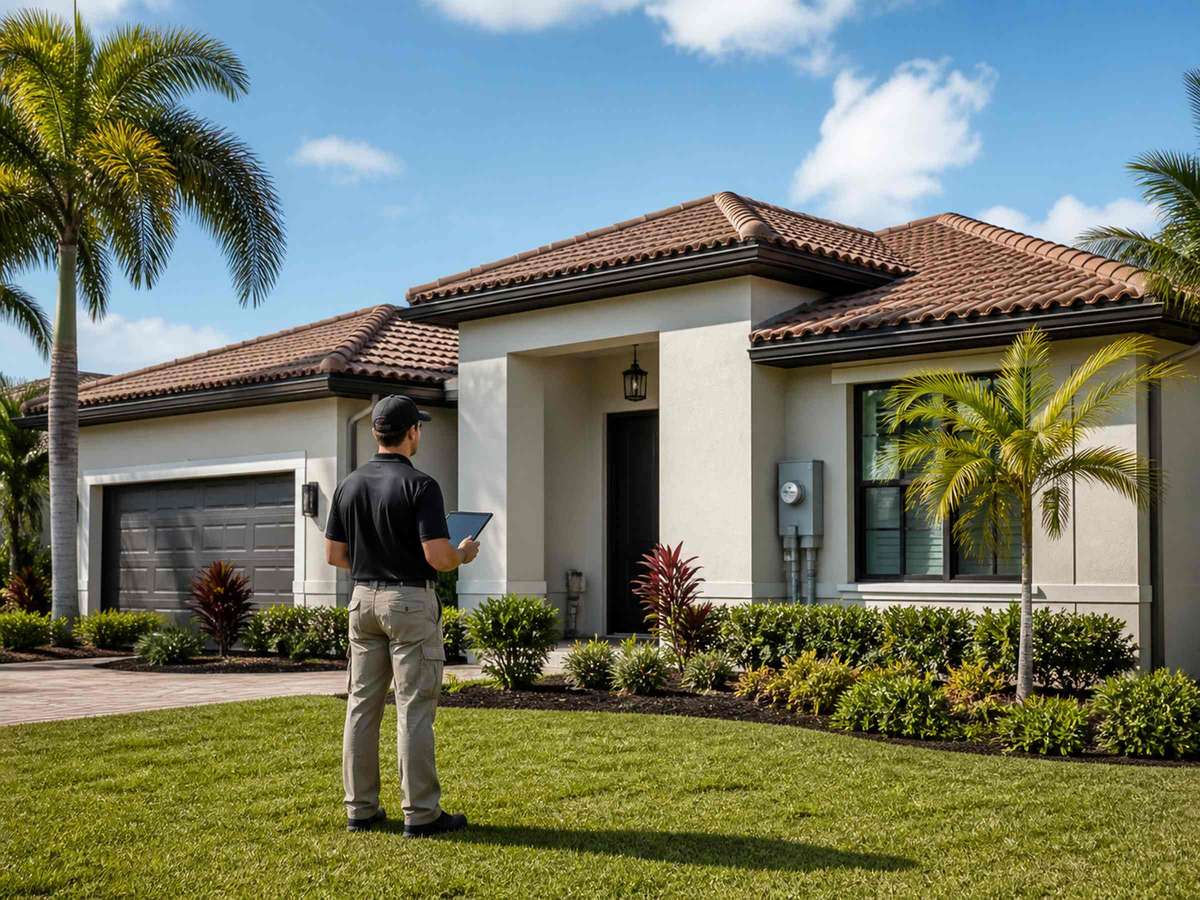 Home inspector with a tablet standing on the front lawn, reviewing a house's exterior, roofline, and electrical meter as part of a complete inspection package.