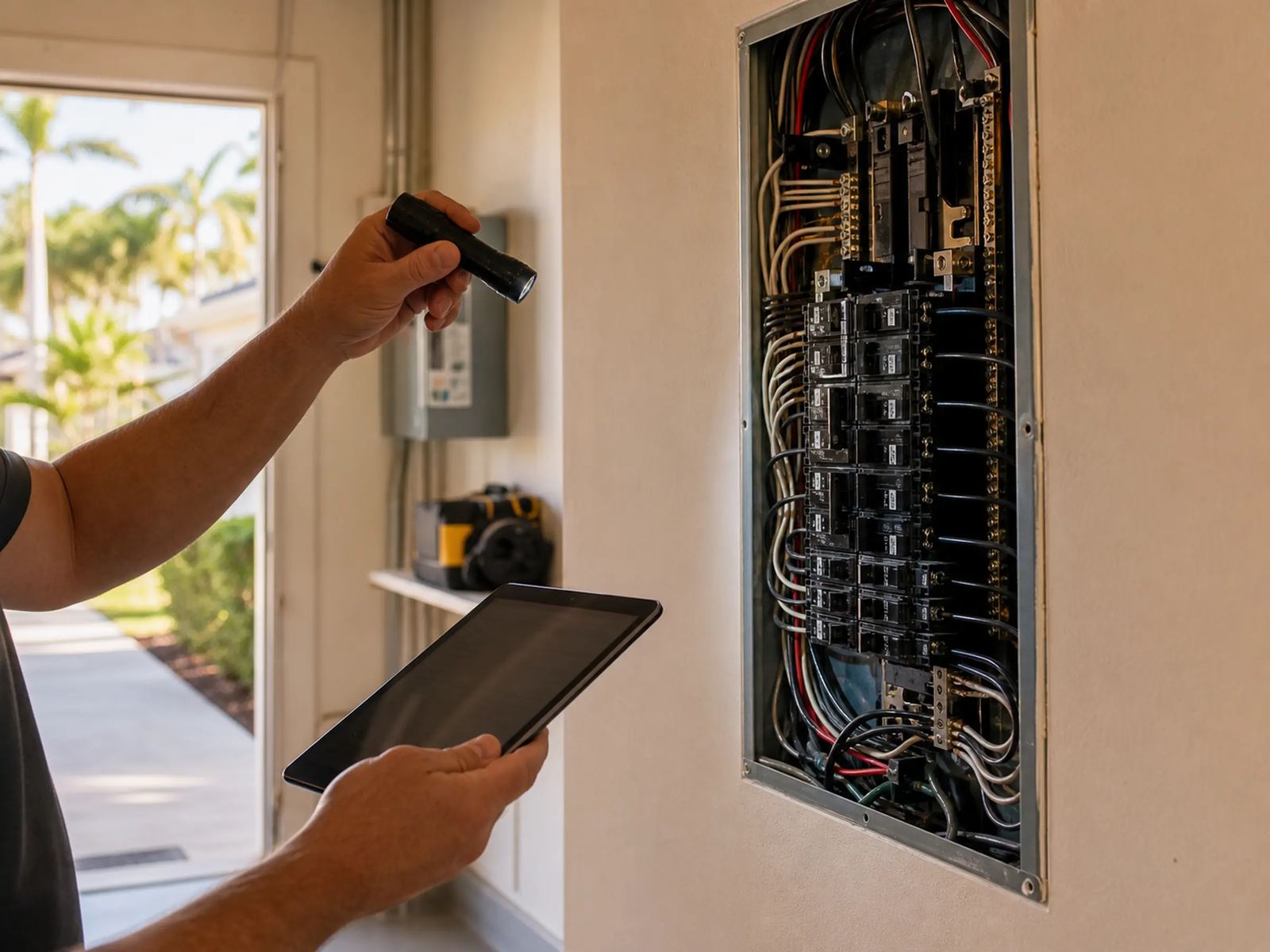 Inspector de viviendas usando una linterna y una tableta para examinar un panel eléctrico abierto durante una inspección de cuatro puntos.