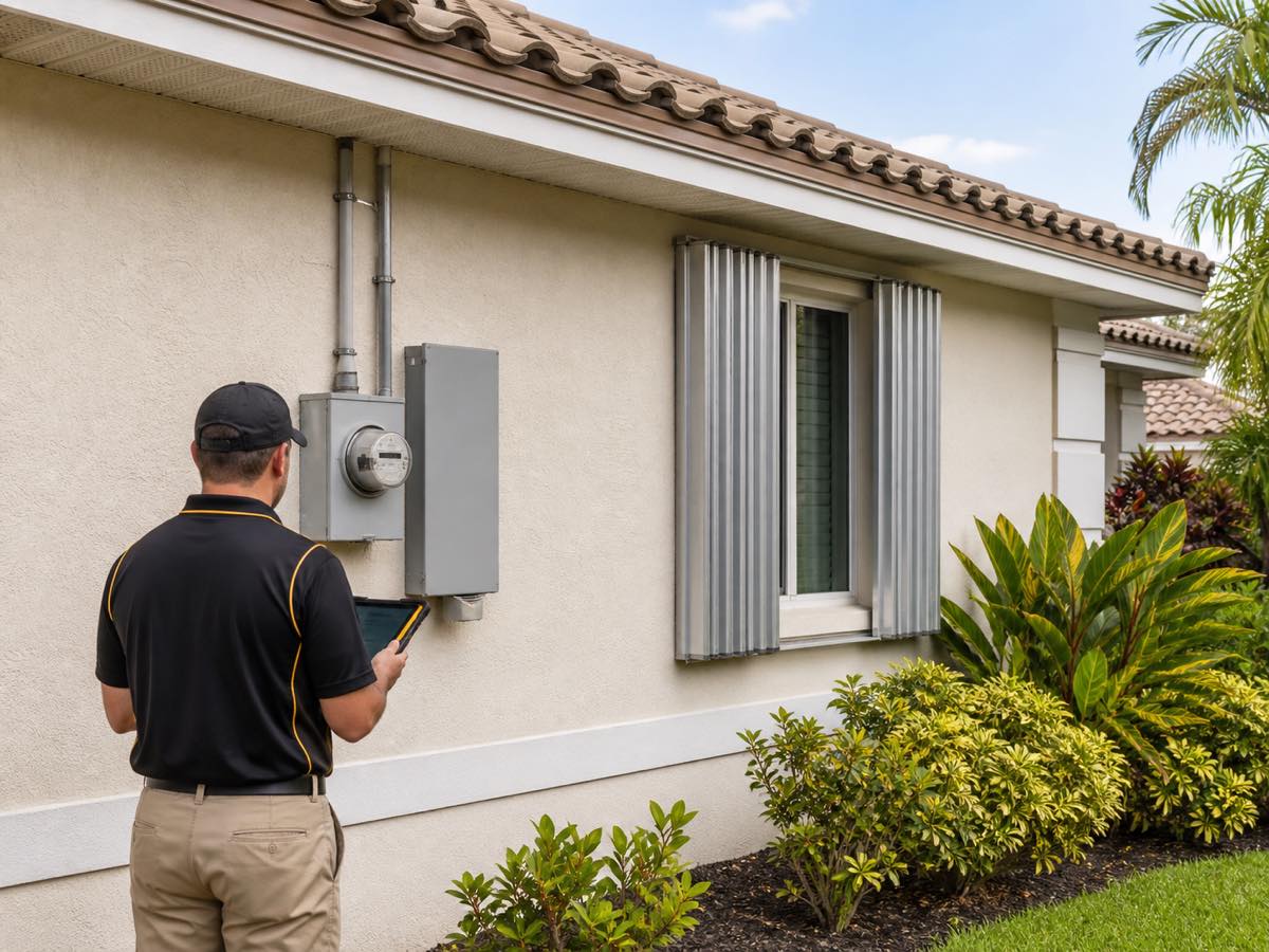 Home inspector examining an exterior electrical meter and hurricane shutters on a South Florida home during a four-point and wind mitigation inspection.