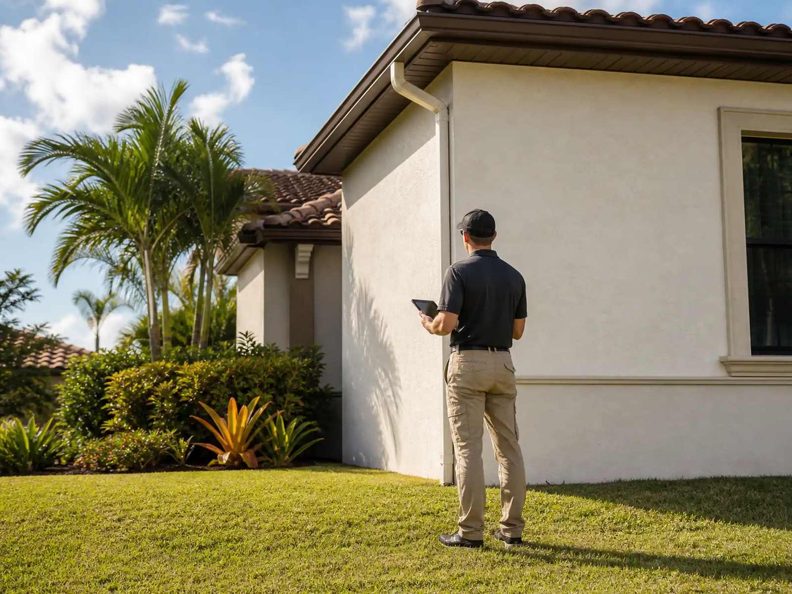 Inspector de viviendas con una tableta examinando el exterior de estuco y el alero del techo de una casa del Sur de la Florida durante una inspección residencial completa.