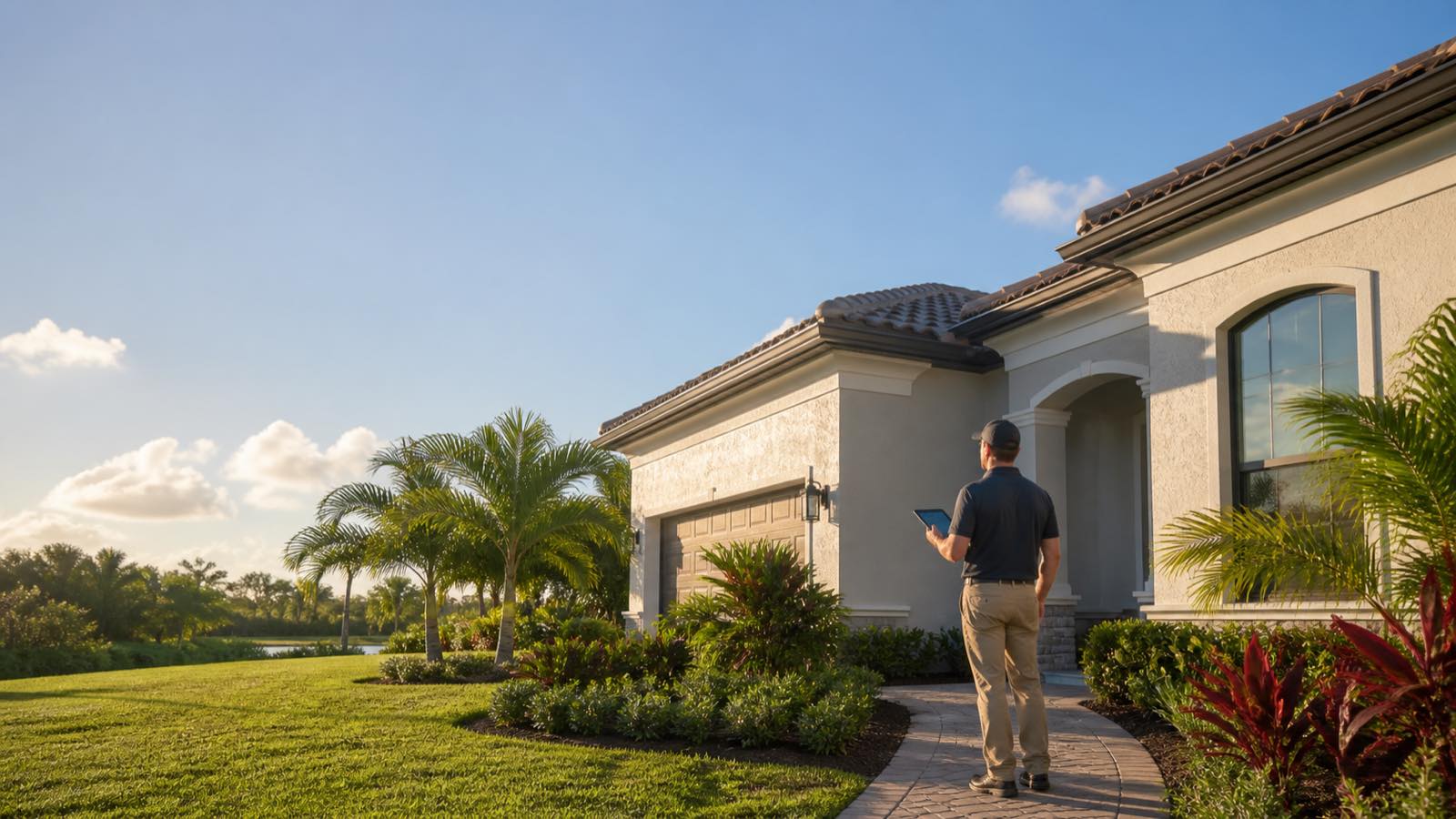 Home inspector holding a tablet while examining the exterior of a South Florida home with a tile roof and mature landscaping.